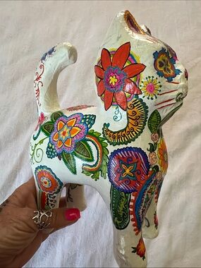 Hand Painted Colorful Floral Paisley Paper Machete Day of the Dead Cat